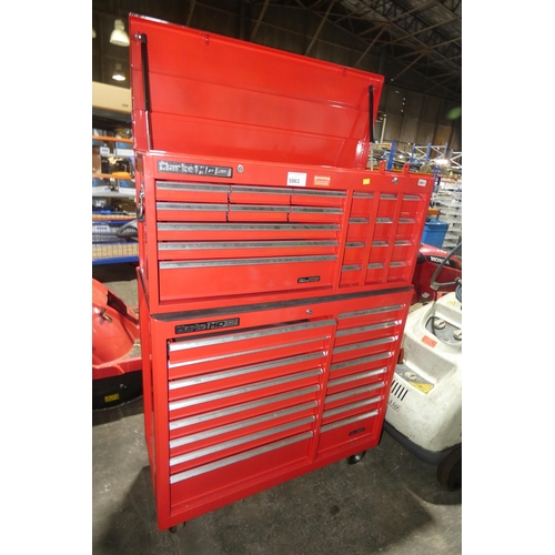 5963 - A Clarke HD Plus two part red metal wheeled workshop tool chest with hinged top and 37 various size ... 