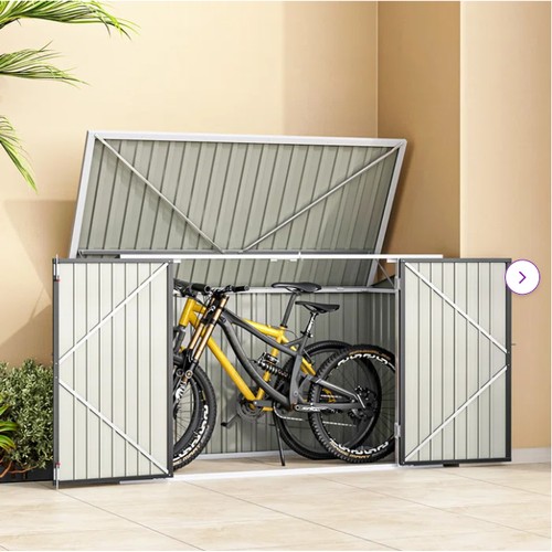 1050 - An Aslee 7ft w x 3ft d pent metal bike shed RRP £199. Supplied in two boxes