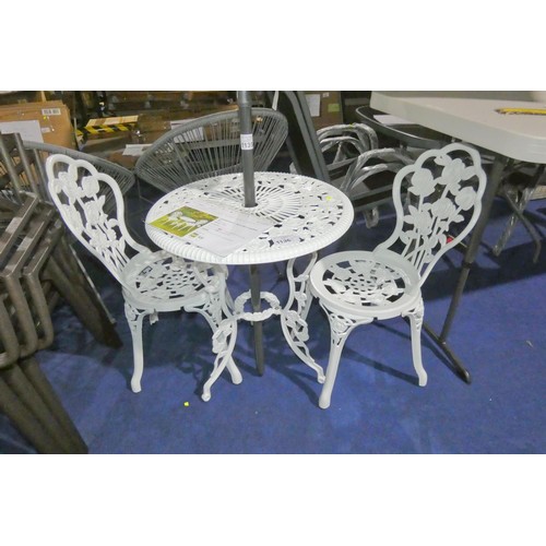 1136 - A Germain white painted metal two person bistro set comprising of 2 x chairs and 1 x small table dia... 