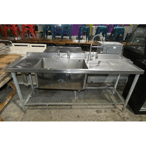 2184 - A large deep commercial stainless steel sink unit with spray tap approx 183x62cm