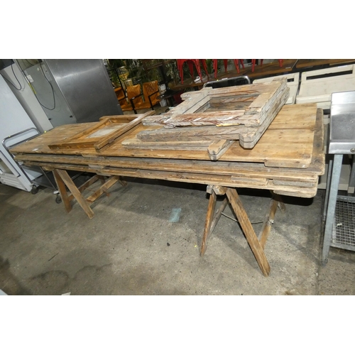 2185 - A quantity of vintage trestle tables approx 290x71cm tops, lot comprises of 5 various size tops & 6 ... 