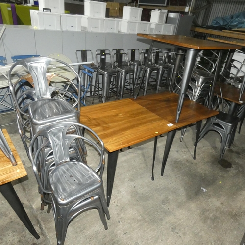 2220 - 3 metal framed cafe type tables approx 80x80cm with 7 metal chairs with matching legs