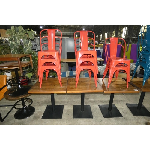 2224 - 3 metal framed cafe type tables approx 70x70cm with 8 red metal stacking chairs