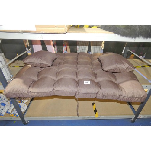 1201 - A brown folding garden bench cushion approx 145cm wide and 2 other small brown cushions