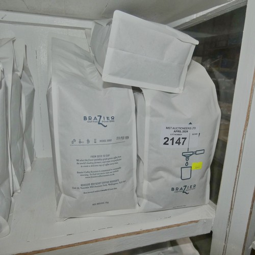 2147 - 7 x 1kg bags of coffee beans by Brazier and the roast dates are mostly Feb/March 2024