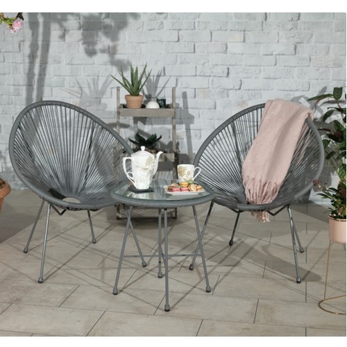 1125 - A Monaco Egg bistro set comprising of 2 x grey chairs and 1 x matching glass topped coffee table dia... 