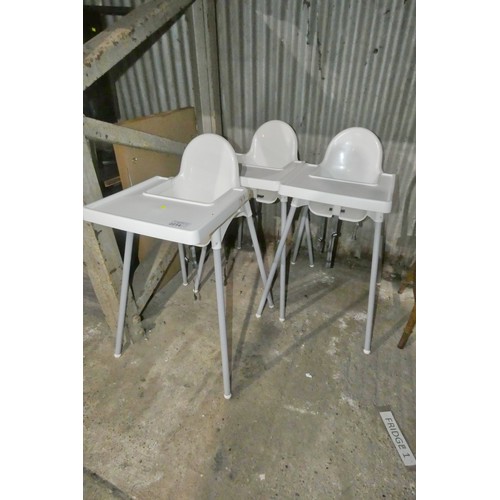 2214 - 3 white plastic high chairs with trays and safety harnesses