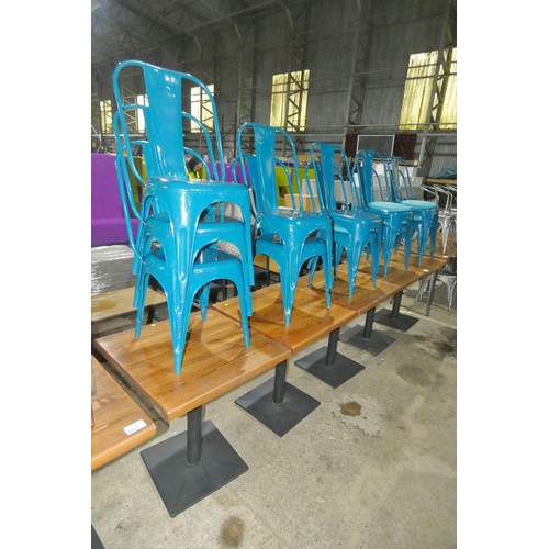 2223 - 5 metal framed cafe type tables approx 70x70cm with 11 metal stacking chairs