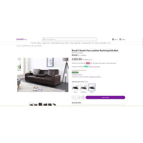 1187 - A Bundi three seater faux leather reclining sofa bed RRP £369. Supplied in two boxes and requires as... 