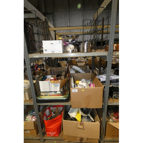 3124 - A quantity of various household items including crockery, cutlery, 2 x bottle racks, pot / pans etc.... 