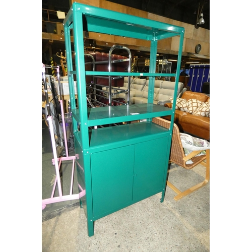 3184 - 1 x green metal shelf unit with 2 doors below approx 80 x 35 x 162cm high