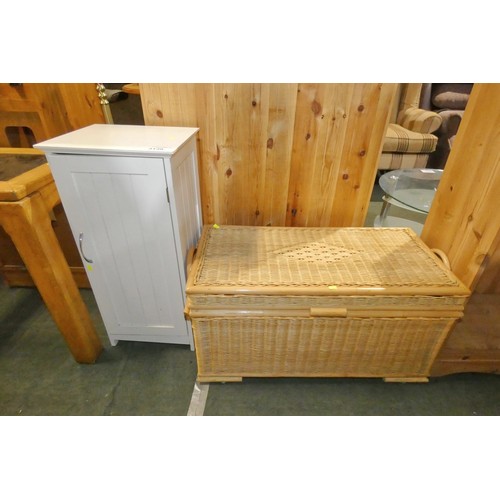 3139 - 1 x small white single door cabinet and 1 x wicker basket with hinged lid approx 79 x 38 x 42cm high