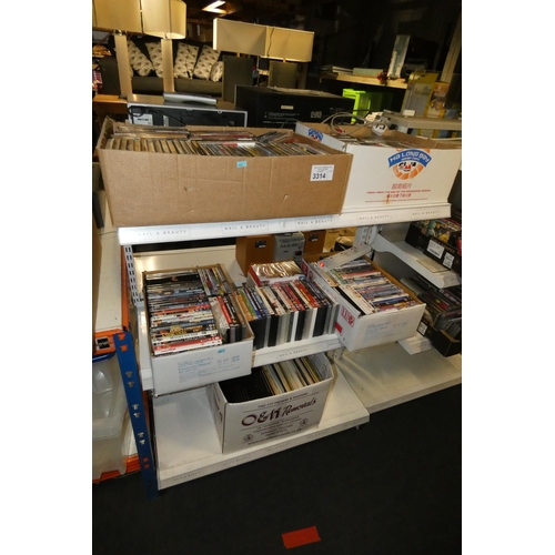 3314 - A large quantity of various DVDs and a quantity of records, contents of 5 boxes, 3 shelves