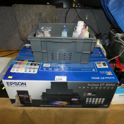 3366 - An Epsom WiFi Ecotank ET-8550 A3+ 6 colour photo printer with a quantity of various ink. Requires at... 