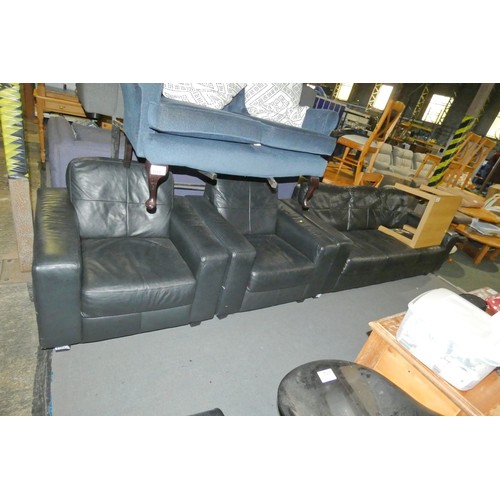 3169 - A black upholstered three piece suite comprising of 1 x sofa approx 200cm wide, 2 x arm chairs and 1... 