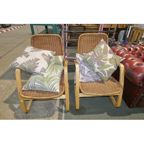 3185 - 2 x cantilever bent wood framed conservatory type chairs and 6 x scatter cushions