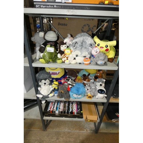 3521 - A quantity of various soft toys and DVDs, contents of 3 shelves