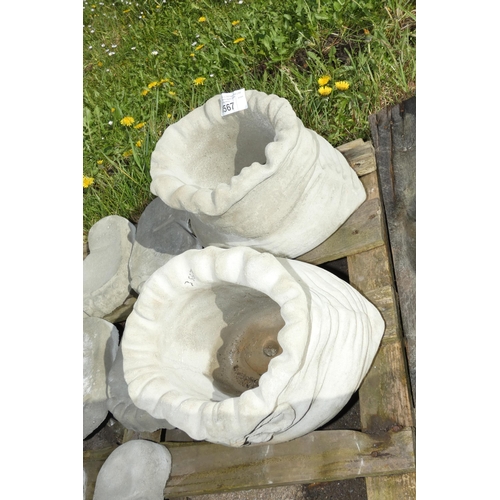 3567 - 2 x small concrete sack style planters