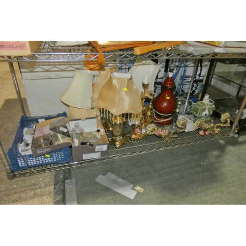 3290 - A quantity of various items including wall lights 240v, table lamps 240v, glass handles, perfume bot... 