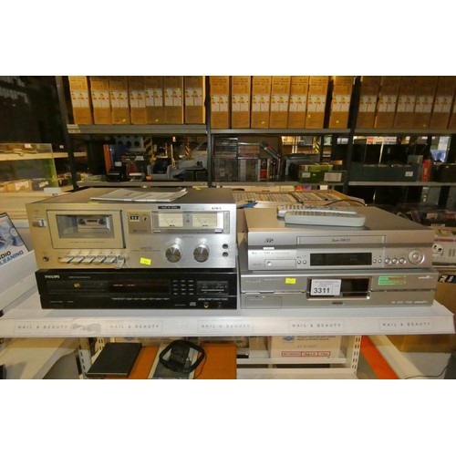 3311 - A Philips cd player, vintage Aiwa cassette deck, video recorder, JVC stereo etc. Contents of 2 shelv... 