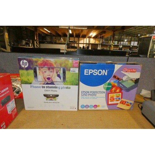 3369 - An office printer by HP type Envy 6234 (appears unopened) and a used Epson perfection scanner - trad... 