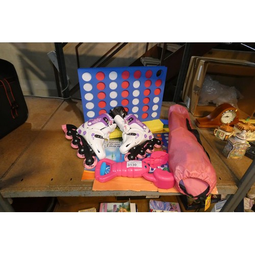 3130 - A quantity of various children's items including books, a folding chair, a Connect 4 game, a pair of... 