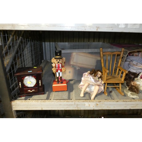 3202 - A quantity of various items including dolls, clocks etc, contents of 1 shelf