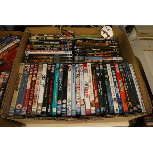 3314 - A large quantity of various DVDs and a quantity of records, contents of 5 boxes, 3 shelves