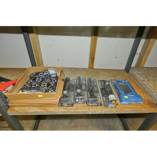 3544 - 4 x tyre pumps, a bike lock and a pair of wellington boots, contents of 1 shelf