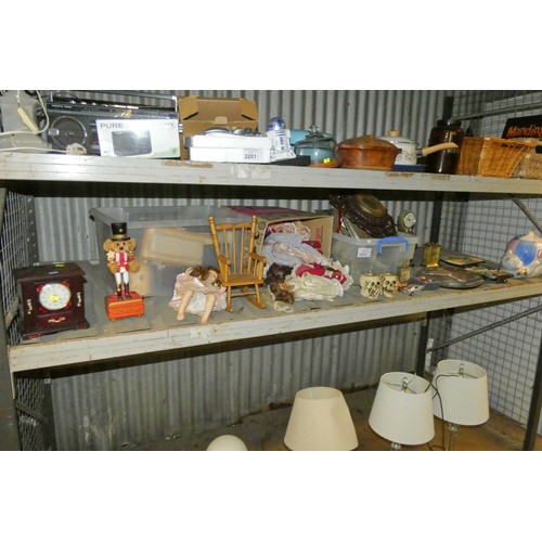 3202 - A quantity of various items including dolls, clocks etc, contents of 1 shelf