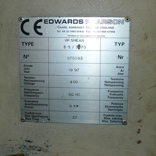 11 - An Edwards Pearson sheet metal hydraulic guillotine model VR Shear 6.5 / 3070, no. 97G593, YOM 1997,... 