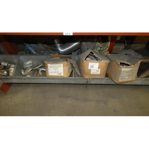 26 - A galvanised metal feed tray approx 365cm long containing a quantity of various items including hold... 