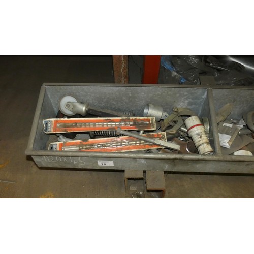 26 - A galvanised metal feed tray approx 365cm long containing a quantity of various items including hold... 