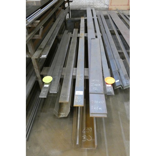 30 - A quantity of stock steel plate and other metal lengths including 200mm wide / 12mm thick, 130mm wid... 