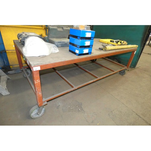 50 - A wheeled metal framed work bench / trolley approx 244 x 122 x 82cm high