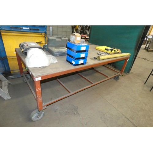 50 - A wheeled metal framed work bench / trolley approx 244 x 122 x 82cm high