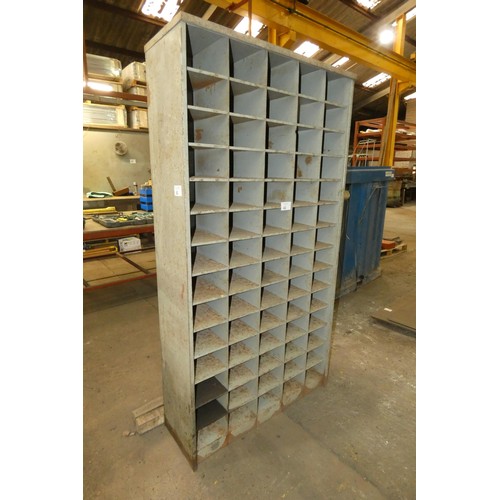 A grey metal pigeon hole type storage rack approx 96 x 33 x 183cm high ...