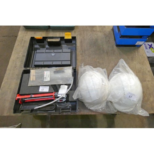 57 - A Fischer FISV ECON 42740 Site Box resin injection kit and 2 x white plastic hard hats