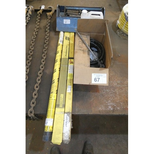 67 - A quantity of various welding related and other items including rods, a TIG torch and a blue metal t... 