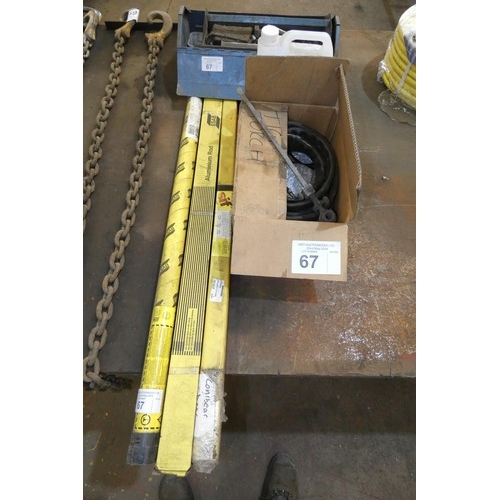 67 - A quantity of various welding related and other items including rods, a TIG torch and a blue metal t... 