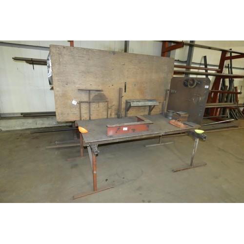 96 - A metal topped trestle work bench approx 200 x 95cm