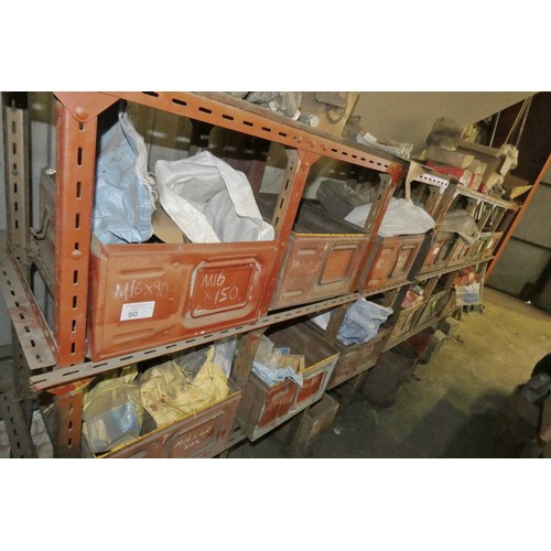 90 - 2 x metal multi bay shelf units containing a quantity of various items including nuts, bolts, fixing... 