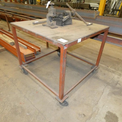 132 - 1 x wheeled metal trolley / work table approx 120 x 120 x 106cm high