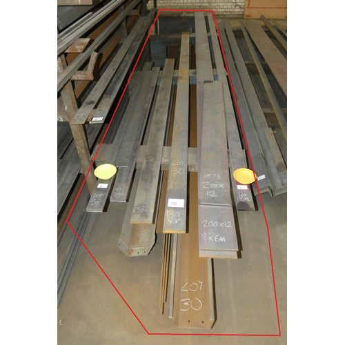 30 - A quantity of stock steel plate and other metal lengths including 200mm wide / 12mm thick, 130mm wid... 