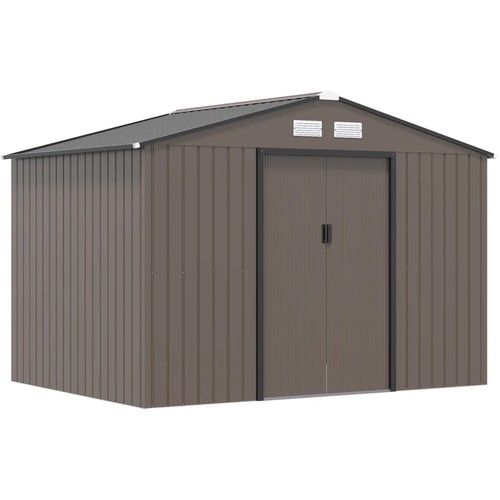 362 - An Outsunny 9ft x 6ft brown metal garden shed RRP £279. Supplied in three boxes