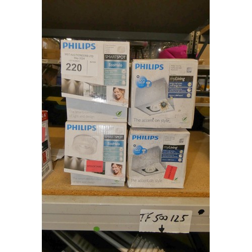 220 - 2 x Phillips My Living ceiling spot lights and 2 x Philips Eco Halo recessed smart spot lights