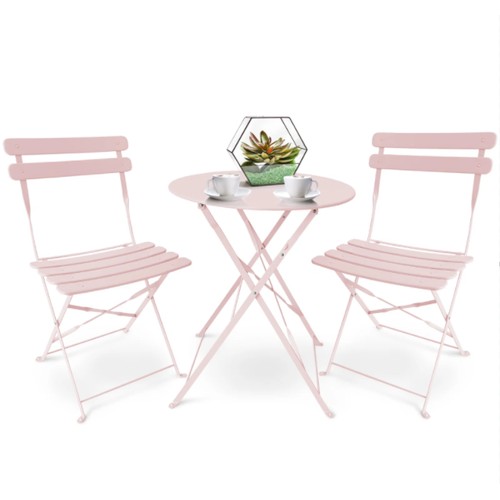 345 - A House of Hampton bistro set in pink metal comprising of two chairs and one small circular table RR... 