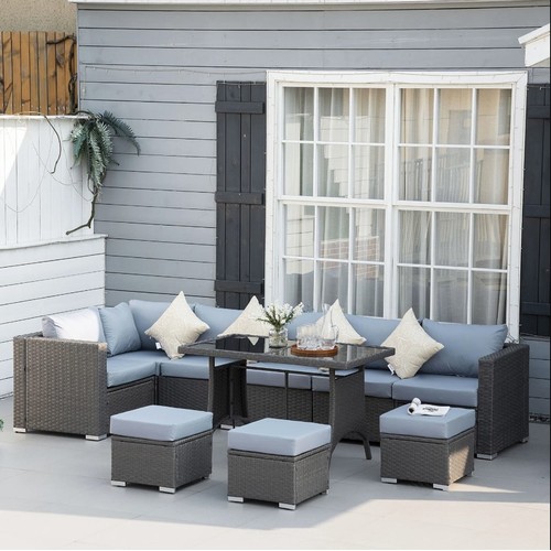 367 - A Dakota Fields 9-person garden / patio seating group with cushions RRP £739. Supplied in four boxes