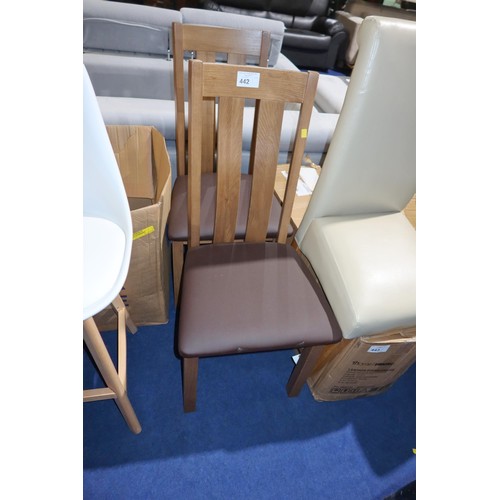 442 - 2 x Oak slat back dining chairs with brown upholstered seat pads