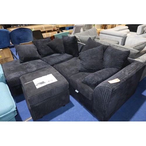 470 - A Zipcode Design Moana black upholstered two part corner chaise sofa with a matching foot stool RRP ... 